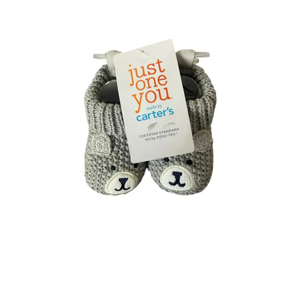 New NWT Carter's Just One You Baby Gray Knitted Bear Slippers Booties Newborn